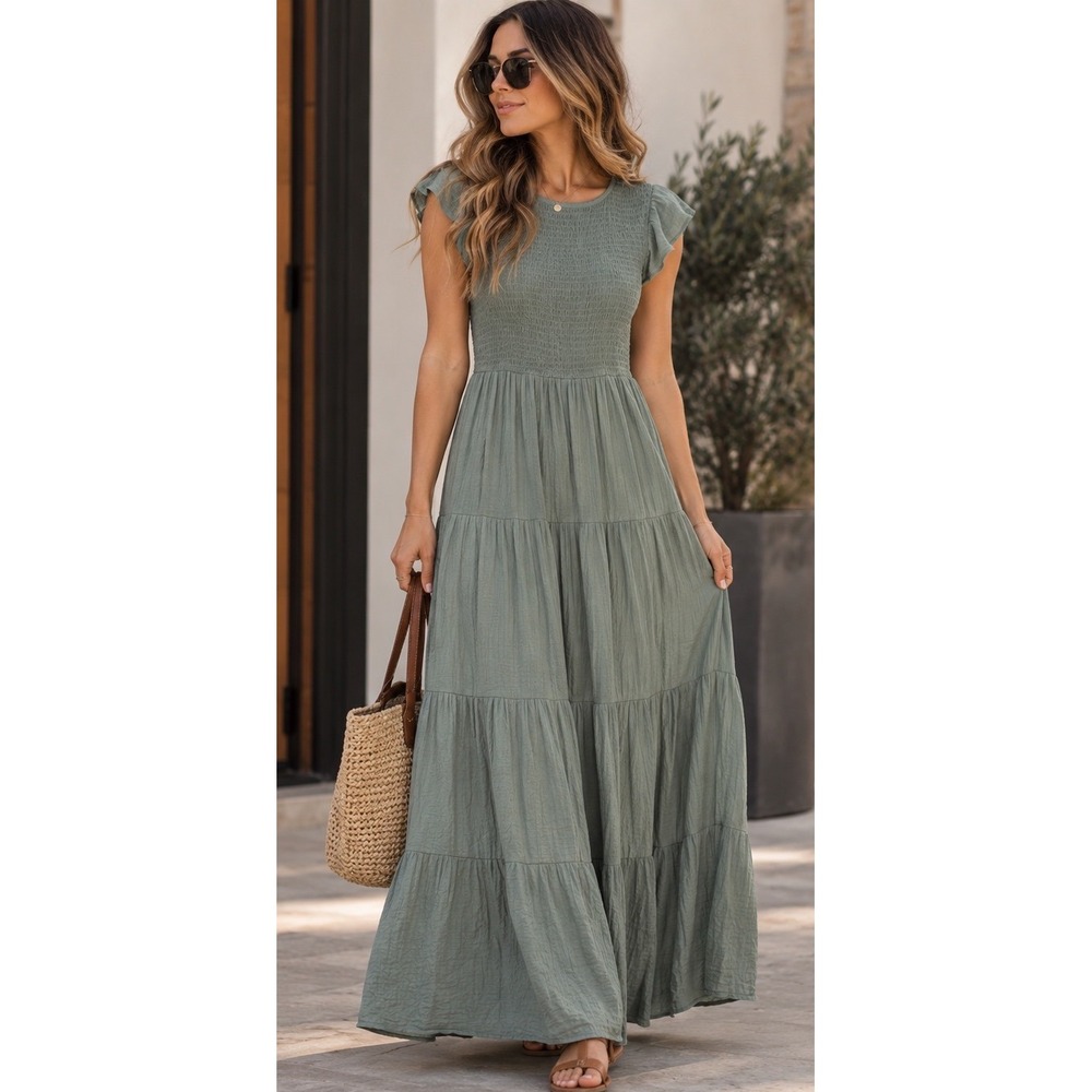 By the River Sage Green Smocked Tiered Maxi Dress Flutter Sleeve CR1014 Small